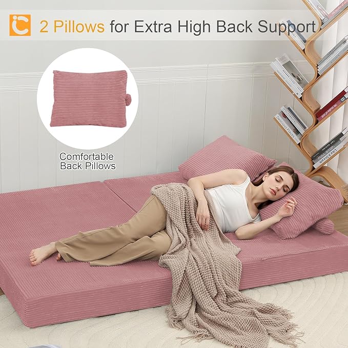 COMAX Convertible Sofa Bed, Folding Floor Couch Corduroy Fold Out Couch Bed Futon Sleeper Mattress with Pillows, Boneless Sofa Comfy Lounge Loveseat for Living Room Bedroom, Pink