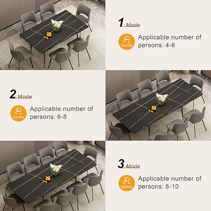 Expandable Rectangular Dining Table (62.9" to 94.4") – Modern Black Sintered Stone Top, Adjustable Table for 6 to 10 People for Dining Room Family Gathering