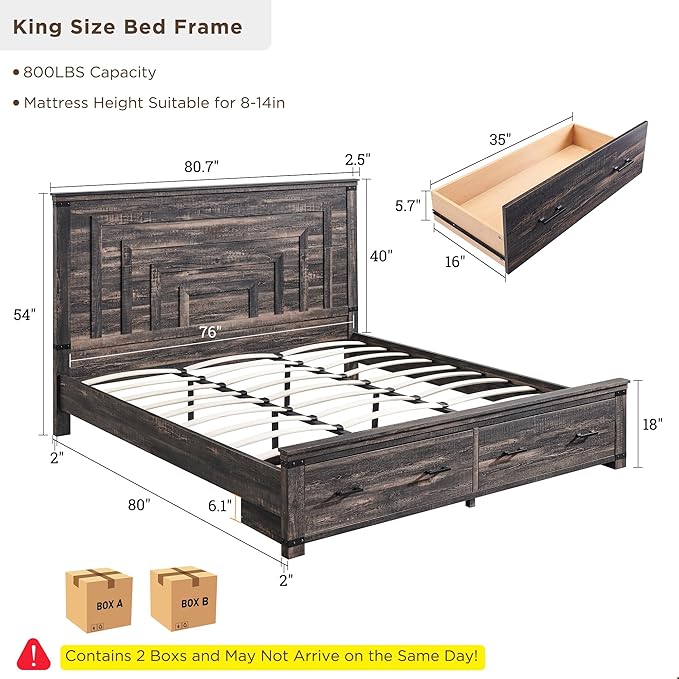 RedLemon Farmhouse King Size Bed Frame w/ 54" Tall Geometric Headboard, Rustic Wood Platform Bed w/ 2 Large Storage Drawers, Wood Slats Support, Noise Free, No Box Spring Needed,Dark Rustic Oak