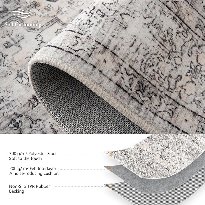 Neutral Grey 9x12 Large Rugs for Living Room Washable Modern Area Rugs Soft Faux Fur Low Pile Non Slip Stain Resistant Vintage Euro Floral Boho Medallion Carpet Rug for Bedroom Dining Room Family Room