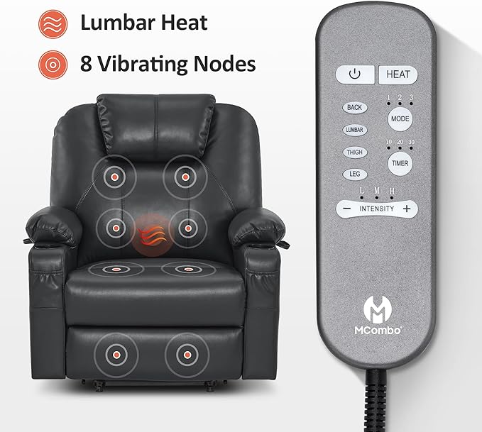 MCombo Extra Wide Power Lift Recliner Chair for Elderly, Lift Chair with Heat and Massage for Big People, USB&Type C Ports, Cup Holders, Faux Leather R7045 (Black, Medium-Wide)