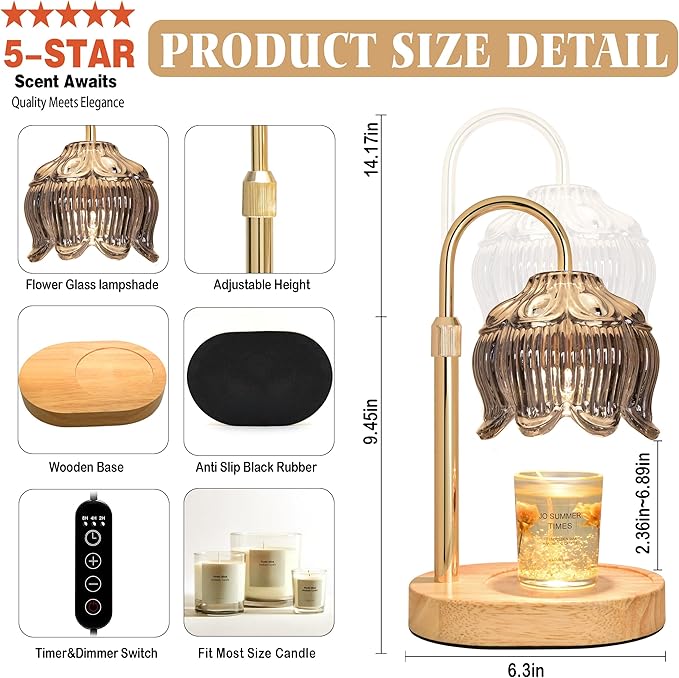 Candle Warmer lamp with Timer Dimmer,Electric Candle Warmer, Vintage Flower Lotus lamp,Compatible with Various Candles, Gifts for Mom Women,Candle Lamp for Bedroom Home Decor (Flower lamp-Silver Gray)