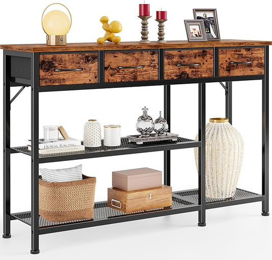 Furnulem Entryway Table 47'' Sofa Console Table with 4 Fabric Drawers, Industrial Entry Way Shoe Rack with Metal Mesh Shelf for Front Door, Foyer Wooden Top, Sturdy Metal Frame, Rustic Brown