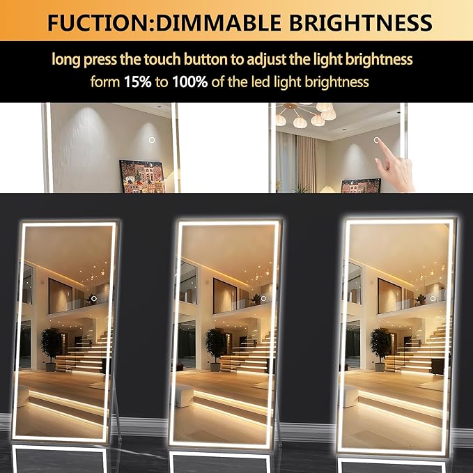Hasipu Full Length Mirror with Lights, 79" x 36" LED Lighted Floor Standing Mirror, Full Body Dressing Hanging Mounted Mirrors, Dimmable, Tempered Glass, Safe to Use, Square Black