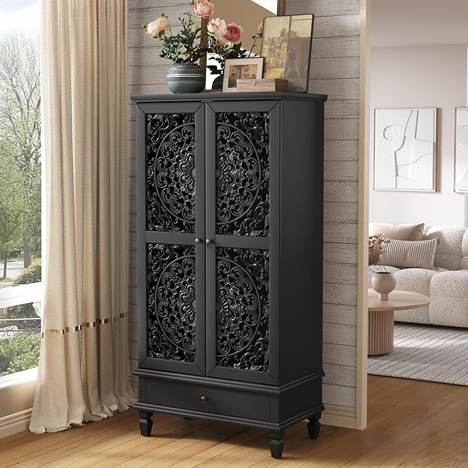 Rustic 55'' Tall Storage Cabinet with 2 Hollow-Carved Doors a Drawer, Wood Accent Cabinet with Solid Wood Legs for Living Room, Hallway, Dining Room (Black-T)