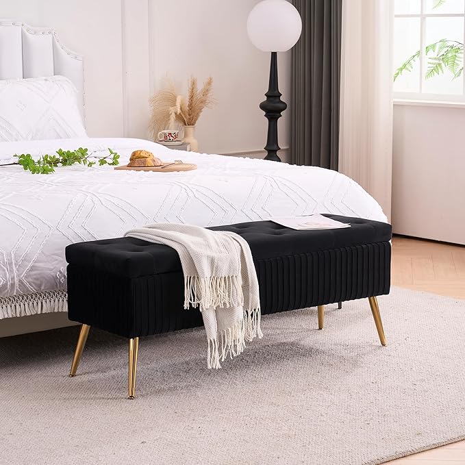 Velvet Storage Bench for Bedroom, Rectangle Upholstered End of Bed Bench Modern Tufted Ottoman with Gold Legs for Living Room/Window/Entryway (Black-45.5" W)
