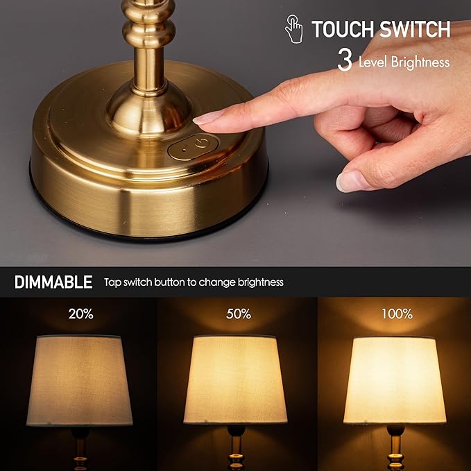 O’Bright Seraph mini – Cordless LED Table Lamp with Dimmer, Built-in Rechargeable Battery, 3-Level Brightness, Patio Table Lamp, Bedside Night Lamp, Ambient Light for Restaurant, Antique Brass
