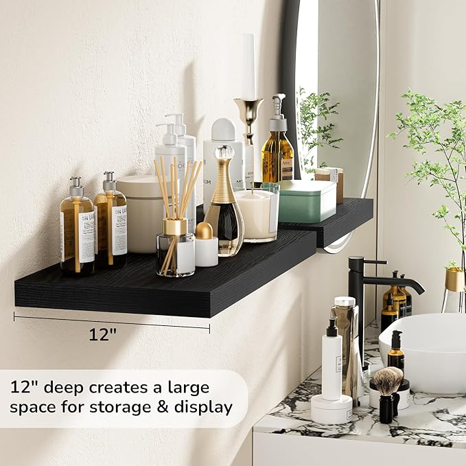 Fun Memories Floating Shelves - 2 Pack 12 Inch Rustic Wooden Wall Shelves - Extra Deeper & Thicker Wall Mounted Storage Shelf for Living Room, Kitchen, Farmhouse - 24" W x 12" D x 1.5"H - Rustic Black