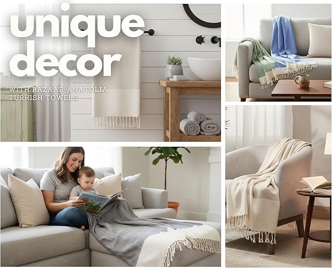 Bazaar Anatolia Turkish Beach Towel 100% Cotton Bath Towels 71x39 Quick Dry Sand Free Lightweight Large Oversized Herringbone Light Blue