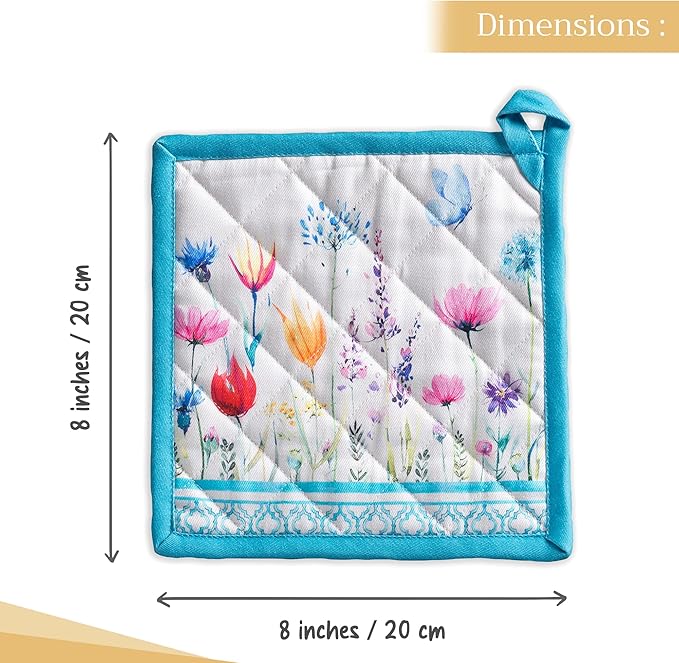 Maison d' Hermine Pot Holders 100% Cotton Heat Resistant Potholders 8" x 8" Hot Pads with Loop BBQ, Cooking, Baking, Grilling, Kitchen, Handling Hot Pans Spring/Summer (Pack of 1, Flower In The Field)