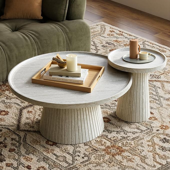 win2win Nesting Coffee Table Set of 2, Modern Fluted Coffee Table with Faux Stone Veneer, Travertine Round Tea Table and End Table Set, Minimalist Center Tables for Living Room, Office, Stone