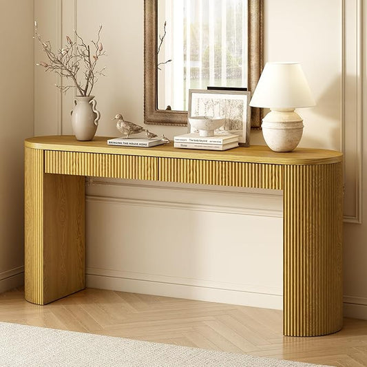 58.2-Inch Console Table with Dual Drawers, Pine Veneer, Natural Wood Grain, Striped Design, Arched Legs, Adjustable Feet for Living Room, Hallway, Foyer