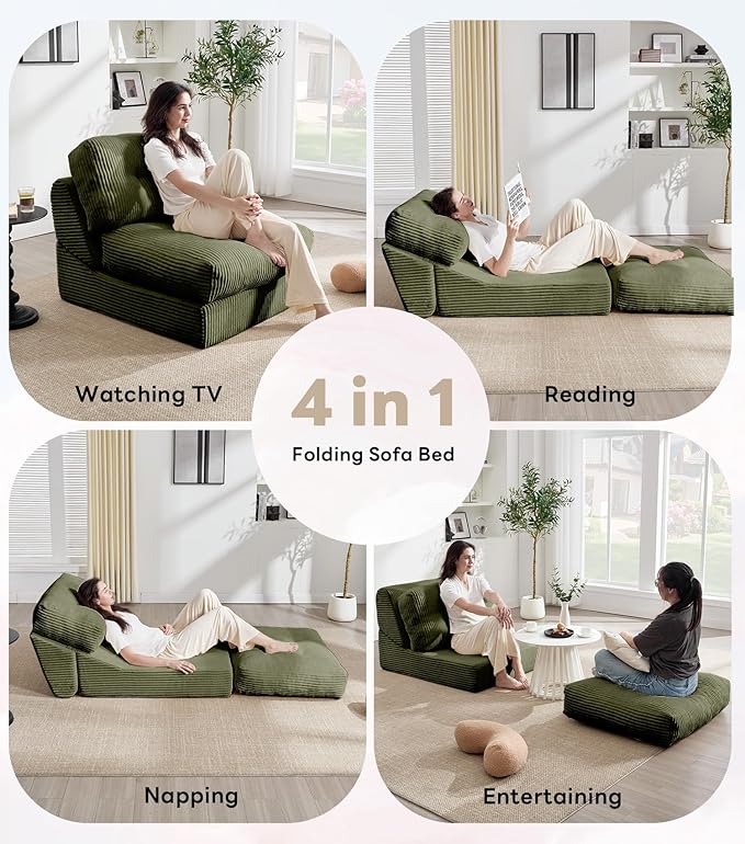 Tbfit 35.8'' Folding Sofa Bed, Convertible Sleeper Chair with Large Pillow, Corduroy Folding Couch Bed, Portable & Foldable Mattress Boneless Floor Sofa Set of 2, Green