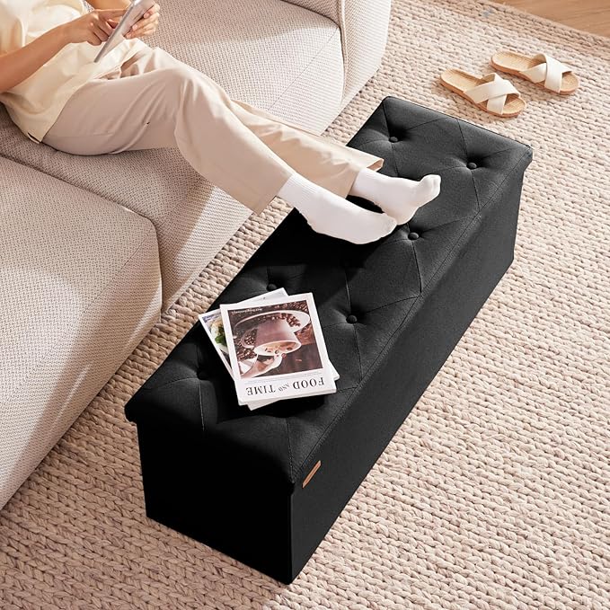 HAUSFRAU 43.3 Inches Ottoman with Storage Bench, Folding Ottoman Bench Foot Rest Stool, Bedroom Bench with Flipping Lid, Linen Black