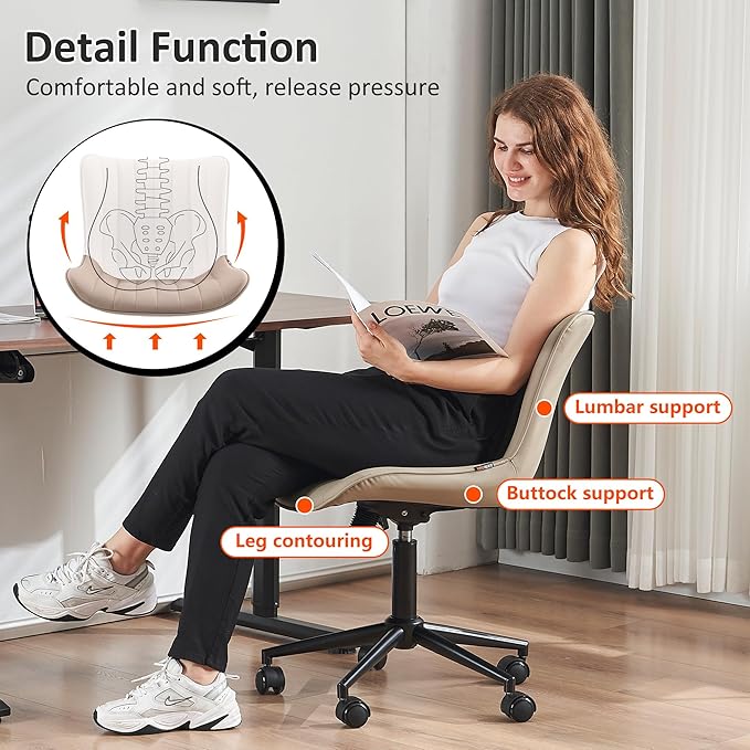 Kidol & Shellder Khaki Leather Home Office Desk Chair with Wheels Modern Cute Armless Executive Swivel Vanity Chair with Comfy Padded Back Ergonomic Rolling Adjustable Computer Task Chair Small