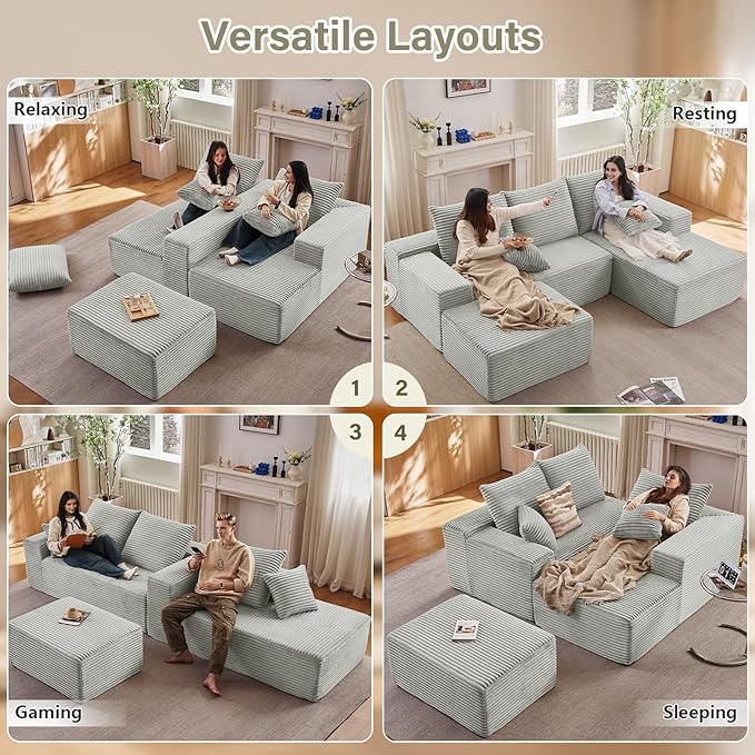 107" U-Shape Cloud Couch, Modern Modular Sectional Comfy L-Shape Sofa with Ottoman, Deep Seat, Upholstered Corduroy Sleeper Chaise Longue for Living Room Bedroom, No Assembly Required, Grey