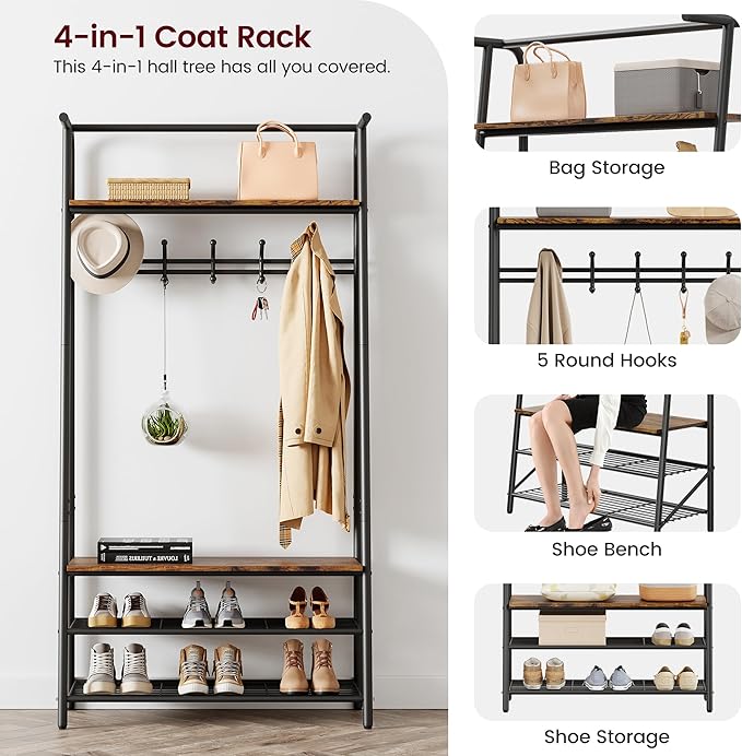 MDF Hall Tree with Bench, 4-in-1 Entryway Coat Rack with Storage Shelf & Shoe Organizer, Sturdy Freestanding Furniture for Living Room, Bedroom, Mudroom