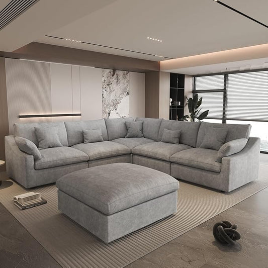 Could Couch Modular Sectional Sofa with Ottoman,Down Filled 120inch V Shaped Couch,Convertible Sofa Bed Living Room Set,6 Seat Sleeper Couched Bed, Cover Washable and Replaceable,Gray