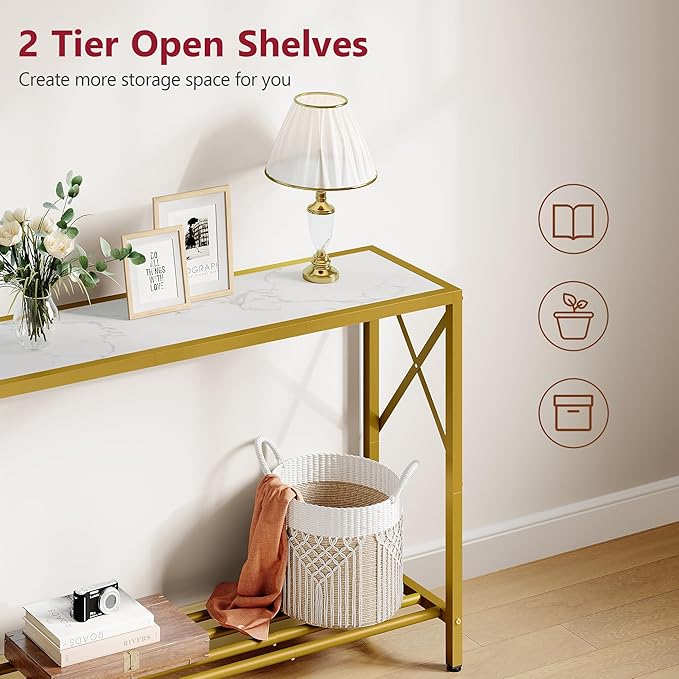 Tajsoon Entryway Table 41.8”, 2-Tier Entry Way Console Entrance Table, Narrow Sofa Table with Shelves, Ideal for Hallway, Entryway, Living Room, Foyer, Corridor, and Office (Gold & White)