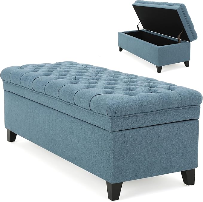 Setawix Linen Storage Benches for Bedroom,50" Bed End Bench with Storage,Tufted Blue Storage Ottoman Bench for Living Room,Rectangle Entryway Benches with Storage and Seating (Blue, Linen)
