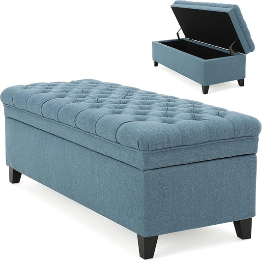Setawix Linen Storage Benches for Bedroom,50" Bed End Bench with Storage,Tufted Blue Storage Ottoman Bench for Living Room,Rectangle Entryway Benches with Storage and Seating (Blue, Linen)