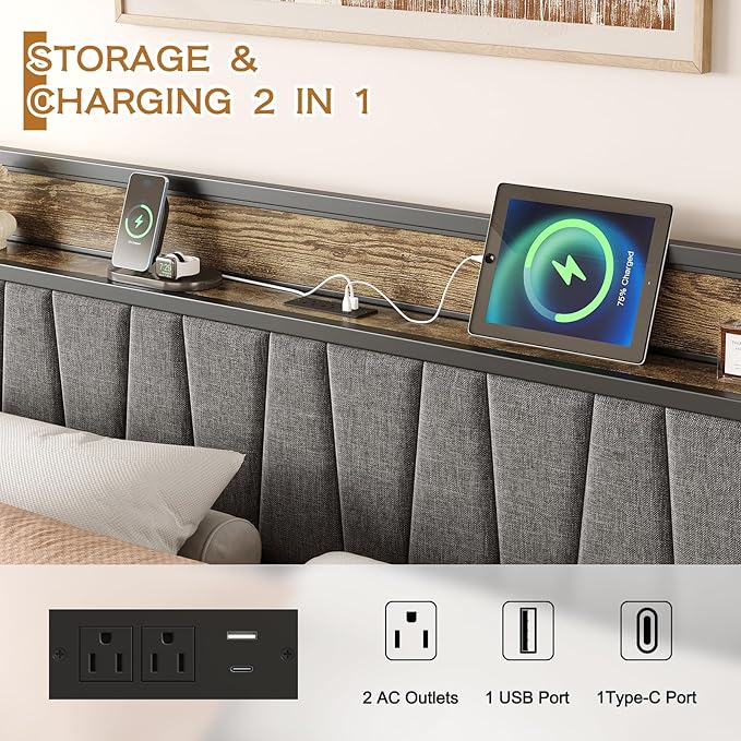 King Size Bed Frame with Storage Drawers and Charging Station, Upholstered Headboard Metal Platform Bed with USB Ports, No Box Spring Needed, Easy Assembly, Dark Brown