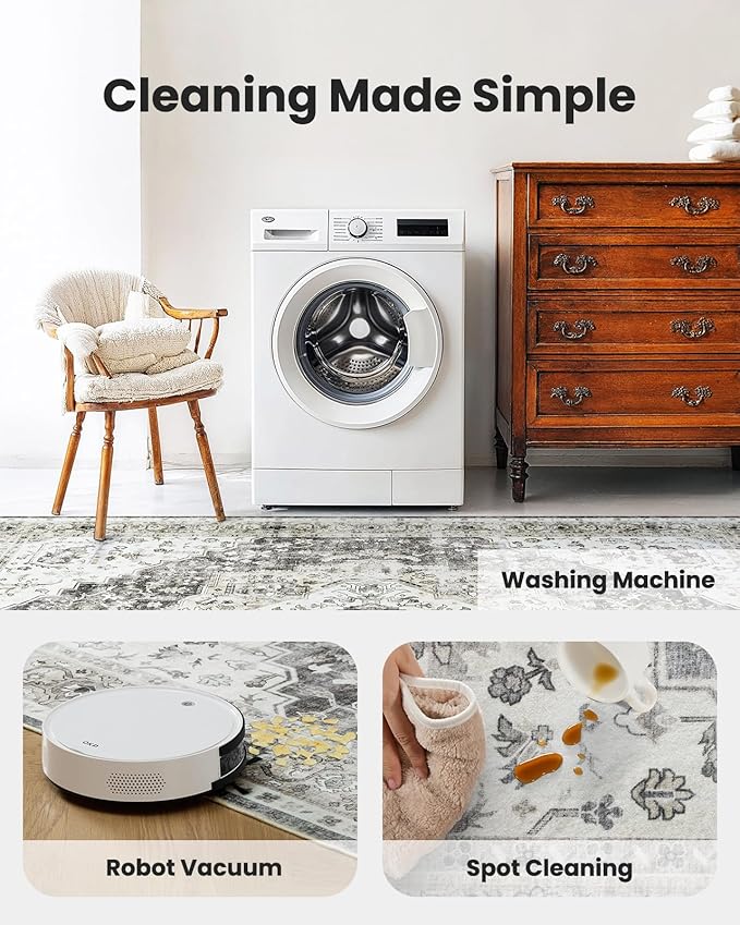 AMADA HOMEFURNISHING 9x12 Area Rug, Washable Low-Profile Large Area Rug with Non-Slip Backing & Durable Edge Binding, Vintage Large Rugs for Living Room, Bedroom