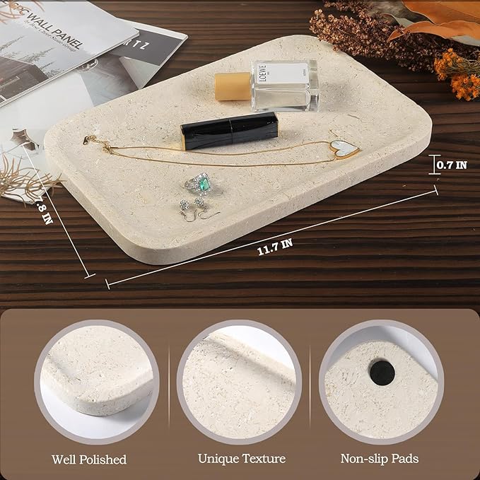 Koville Marble Vanity Tray, 12"x8" Marble Catchall Tray for Countertop Bathroom Kitchen Dresser, Rectangular Decorative Stone Tray for Jewelry Cosmetics Perfume Trinket(Brown)