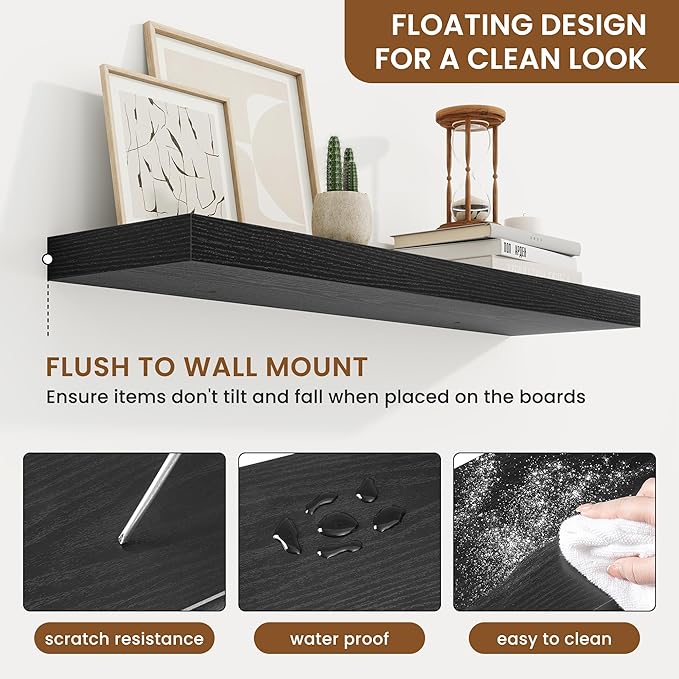 fuqing Floating Shelves for Wall, Wall Mounted Wood Floating Shelf with Invisible Brackets for Living Room, Bathroom, Bedroom, Kitchen Storage and Decor, 30 Inch Set of 2, Black