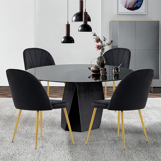 Velvet Dining Chairs Set of 2, Upholstered Mid Century Modern Dining Chairs, Armless Accent Chair with Metal Gold Legs for Living Room, Kitchen, Dining Room, Black