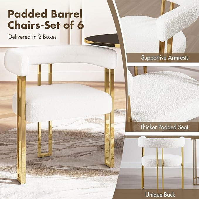Set of 6 Modern White Boucle Dining Chairs with Gold Metal Legs, Mid Century Accent Upholstered Barrel Armchairs with Open-Back for Kitchen, Dining Room, Living Room, Apartment