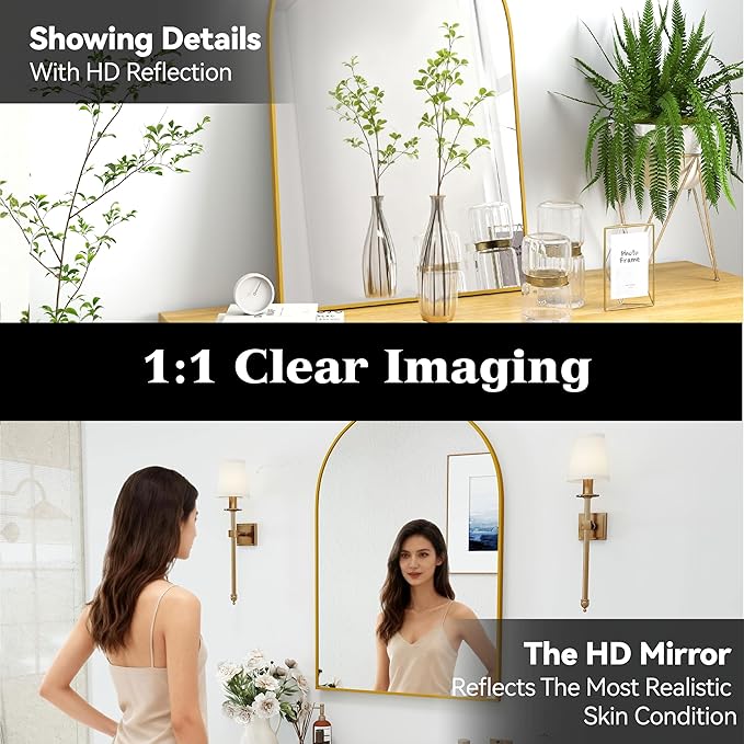 24x36 Arch Mirror Rectangle Full Length Wall Mounted Hanging or Against Wall Metal Aluminum Alloy Frame Dressing Make-up Mirrors for Entryway Bedroom Bathroom Living Room 24 36 inch Gold