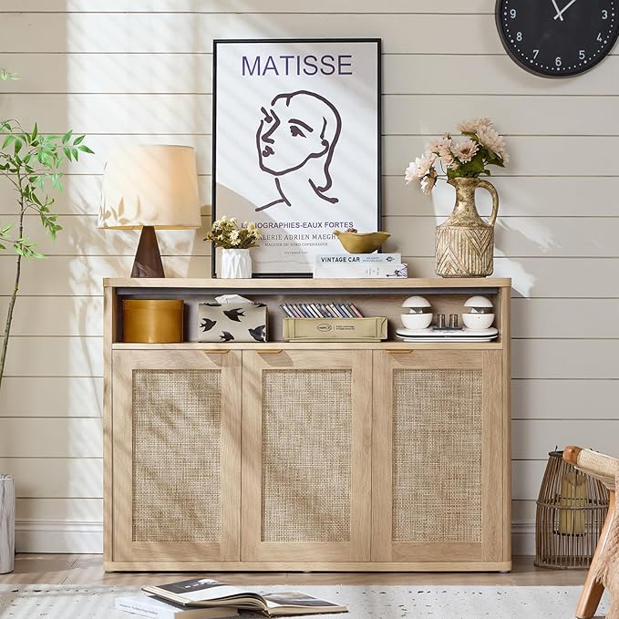 LEYAOYAO Rattan Sideboard Buffet Cabinet,45" Coffee Bar Cabinet with 3 Doors & Open Storage Shelf,Modern Credenza Console Table for Living Room Rattan Farmhouse entryway Natural