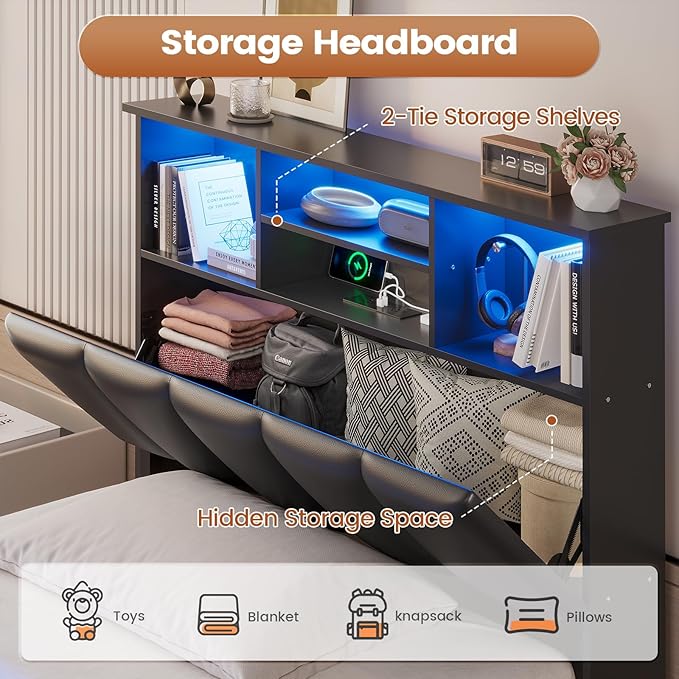 AOGLLATI Twin Bed Frame with 4 Storage Drawers & Charging Station & LED Lights, Twin Bed Frames with Stylish Bookcase Headboard, Led Bed Frame with Metal Slats, No Box Spring Needed,Black