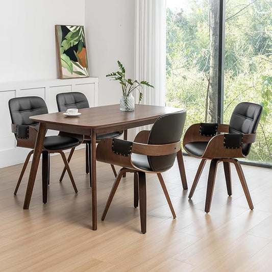 Set of 4 Mid Century Modern Chairs - Swivel Dining Chairs with Arms and Curved Back, Faux Leather Reception Room Chairs, Ideal for Kitchen/Living Room/Reception/Desk (Walnut Black)