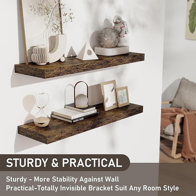Floating Shelves for Wall, 32W x 8D Floating Wall Shelves with Invisible Brackets Set of 2, Hanging Rustic Wood Shelf Decoration for Bedroom, Bathroom, Living Room and Kitchen, Rustic Brown