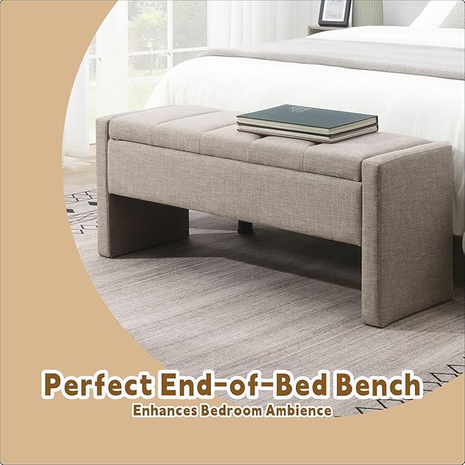 47.25'' Ottoman with Storage, End of Bed Storage Bench, Entryway Bench - Linen Upholstered Multi-Functional Footrest for Bedroom, Living Room, Dorm & Window Bench (Linen Grey Brown)