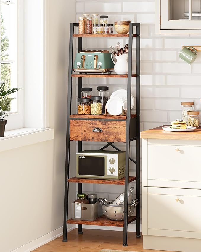 Furologee 5 Tier Ladder Shelf, Tall and Narrow Bookshelf with Drawer,Standing Bookcase Units, Industrial Open Display Shelves Organizer for Bathroom,Kitchen,Bedroom,Living Room,Rustic Brown