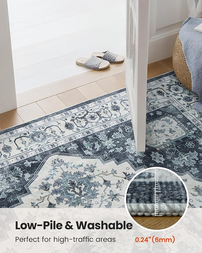 AMADA HOMEFURNISHING 9x12 Area Rug, Washable Low-Profile Large Area Rug with Non-Slip Backing & Durable Edge Binding, Vintage Large Rugs for Living Room, Bedroom