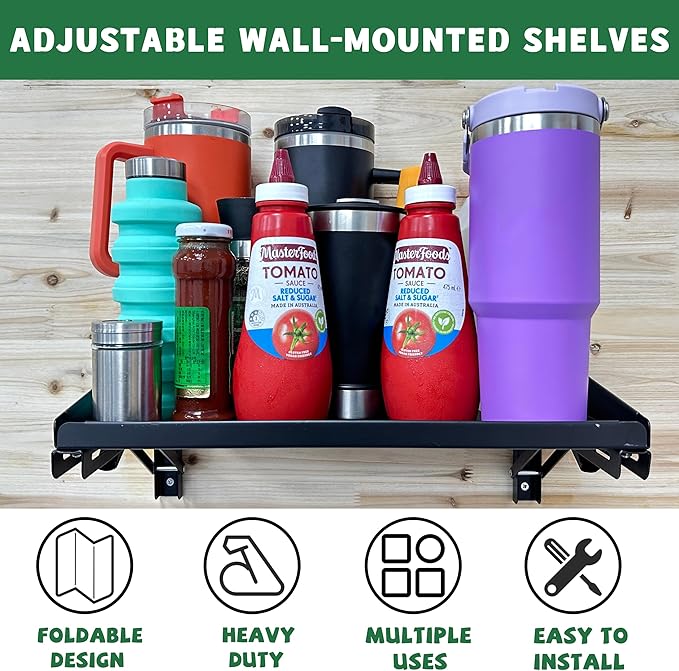 ULIBERMAGNET Garage Folding Storage Rack Shelves,200LB Metal Wall Mounted Adjustable Rail Shelf for Garage,Power Tools,Toolbox,Storage Shelves with Lip for Workshop Kitchen Office (2 Pack)