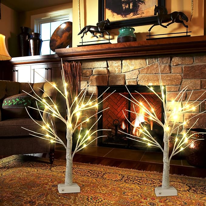 Set of 2 Warm White Birch Tree Light with Battery or USB Powered 24 LED Fairy Light Spirit Tree Tabletop Twinkling Tree Light Decor for Home Party Bedroom Wedding Thanksgiving Christmas Decoration