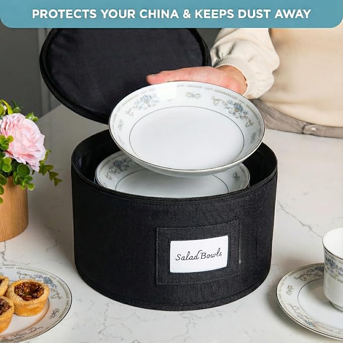 Hard Shell China Storage Containers 12-Piece Set Moving Boxes for Dinnerware, Glasses, Plates, Mugs and Saucers Sturdy Dish Organizer with Dividers for Seasonal Storage - Service for 12 - Black