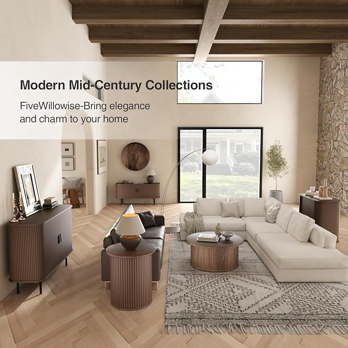 31''W Walnut Buffet Sideboard Cabinet with Storage, Fluted Accent Storage Cabinet with Curvy Edge, Sliding Door, Freestanding Credenza, Console Table for Living Room, Kitchen, Hallway