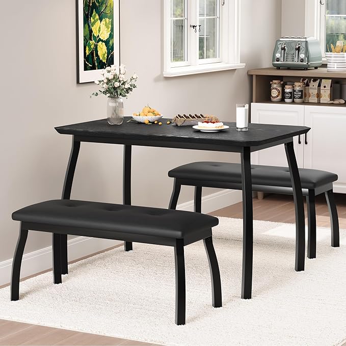 GAOMON Dining Table Set for 4, Metal Frame Kitchen Table Set with 2 Upholstered Bench, 3 Piece Dining Room Table Furniture for Apartment, Studio, Home, Easy Assembly, Black