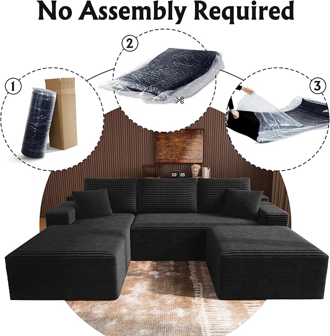 3-Piece Boneless Modular Sectional Sofa, Cloud Couch, Left Facing Chaise with Ottoman, Oversized Deep Seat, Soft Corduroy Fabric, Sectional Couch for Living Room-Black