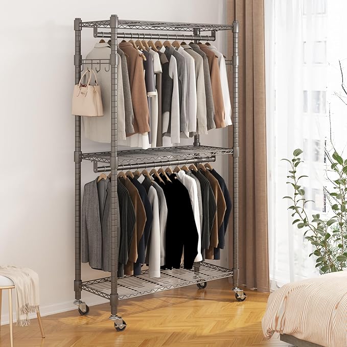 BATHWA Rolling Garment Rack Portable Closet Clothes Rack for Hanging Clothes, Metal Wardrobe Clothing Rack with Wheels and 8 Side Hooks, Double Rods, Adjustable Shelves, Gray