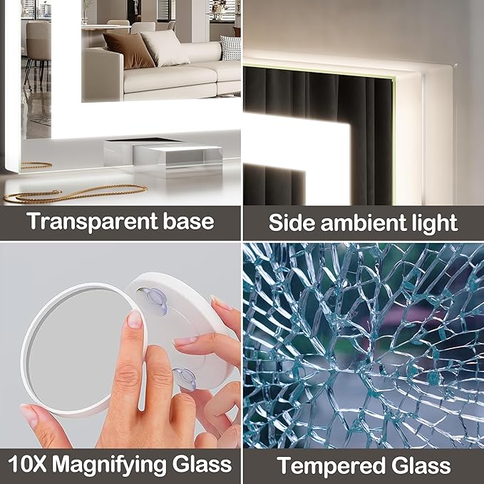 FENNIO Makeup Mirror with Lights 22"x19" ，LED Makeup Mirror ，Large Vanity Mirror with Lights，Touch Sensor with Dimmable 3 Modes, Square White