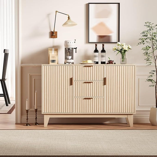 GarveeHome Fluted Buffet Storage Cabinet, 47.2 in Large Coffee Bar Kitchen Sideboard Cupboard with 3 Drawers 2 Doors for Living Room Entryway, Oak