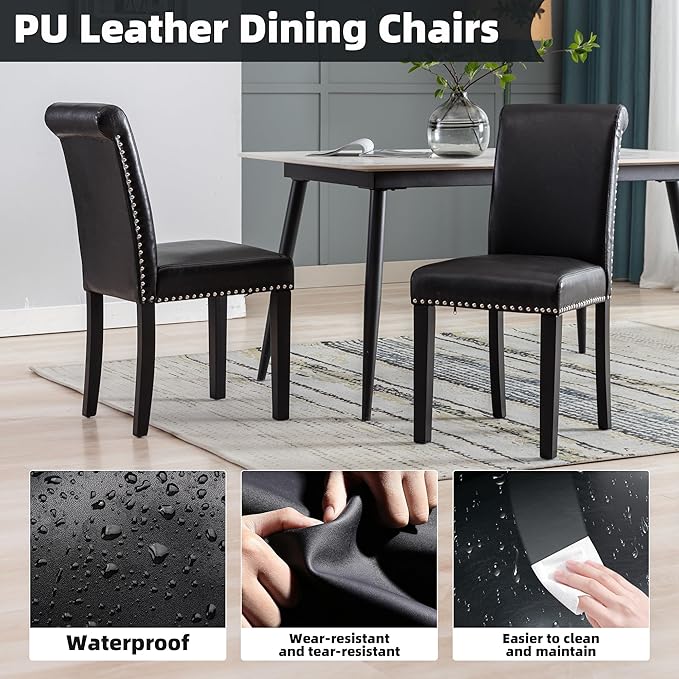 Westice Dining Room Chairs Set of 4 Upholstered PU Leather Kitchen Chairs Dining Room Side Chair with Nailhead Trim and Rubber Wood Legs for Small Space Apartment, Black