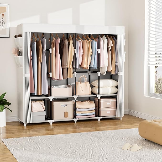 VTRIN Portable Closet for Hanging Clothes 67 Inch Wide Large Capacity Portable Wardrobe Closet with Cover, 4 Storage Shelves and 4 Hanging Rod Sturdy Free Standing Closet for Bedroom, White